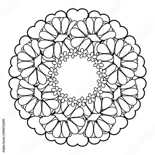 Round Floral Wreath Mandala Vector, Coloring Page and Decorative Design