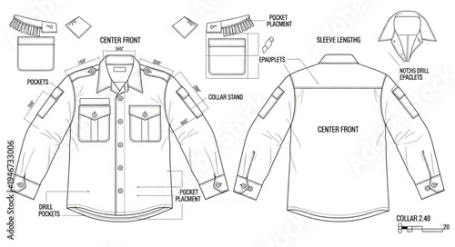 Technical Drawing of a Long-Sleeved Shirt with Pockets and Details.