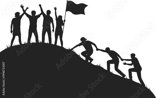 Silhouetted team celebrating on a mountaintop with a flag while others ascend the grassy slope, representing collective success and shared victory