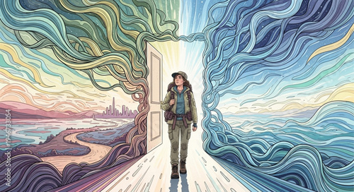 A traveler stands between two worlds, a doorway to new realities.