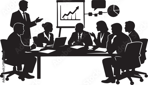 business team meeting discussion black vector silhouette
