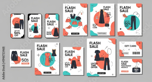 Flash Sale Social Media Templates with Abstract Shapes and Fashion Illustrations.
