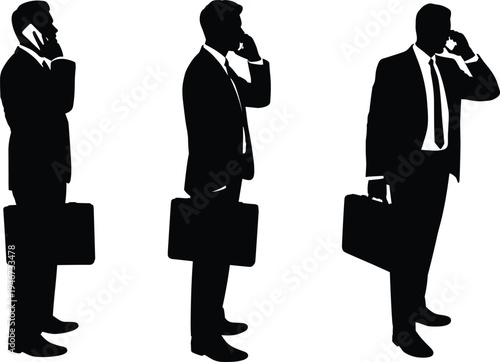 Three distinct business professionals in silhouette, each holding a briefcase and engaged in phone conversations, conveying communication