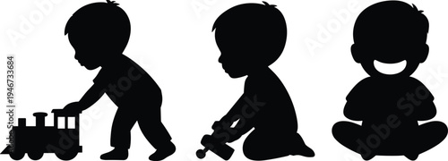 Three black silhouettes of a young boy playing with toys a toy train a building block and sitting cross-legged with a happy expression