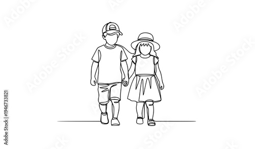 Minimal continuous line art children wearing hats walking kids vector illustration