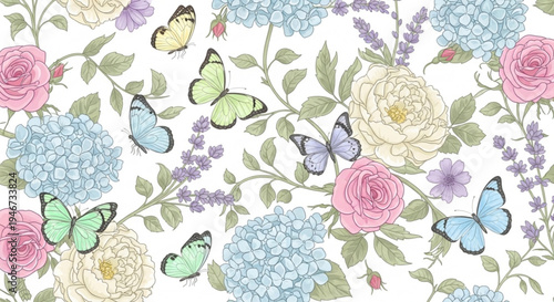 Colorful butterflies and flowers pattern with hydrangeas roses and lavender on white background perfect for spring and summer designs