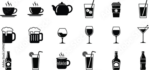 Assorted black silhouette icons representing various alcoholic and non-alcoholic beverages include beer mugs, wine glasses,.