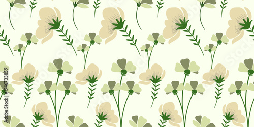 A vintage seamless floral pattern design featuring a nature-inspired vector illustration of spring flowers, green leaves, and garden branches for an elegant wallpaper decoration or fabric texture