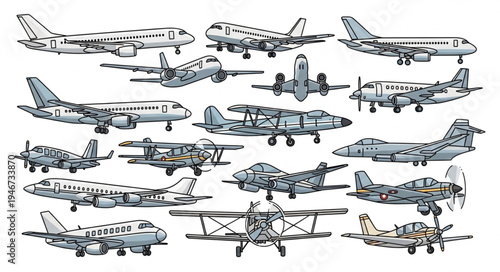 Diverse Collection of Vintage Airplane Illustrations in Detailed Line Art.