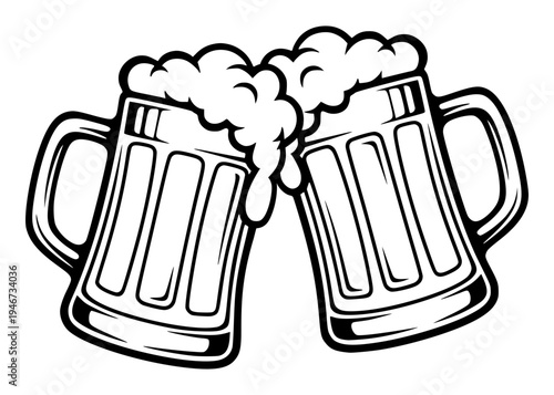 Two Clinking Beer Mugs With Frothy Foam For Toasting, Celebration And Party Drink Beverage Silhouette For Pub Or Brewery Graphic Art