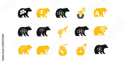 Collection of honey bear logos with honey elements in modern vector style, perfect for honey brands, organic products, beekeeping businesses, and natural food labels.