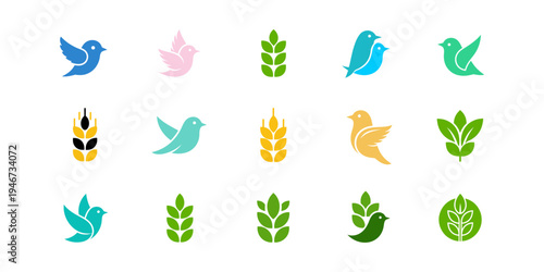 Stylish bird and leaf icon set in minimal vector style. Ideal for green business logos, nature branding, eco friendly products, wildlife themes, and environmental design.