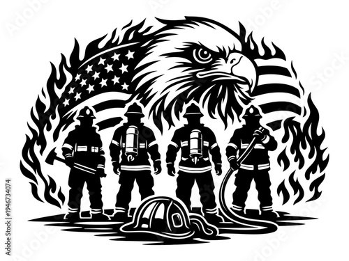 Brave Firefighters Silhouette With American Flag And Bald Eagle, First Responder Heroes Rescue Mission Patriotic Commemorative Artwork