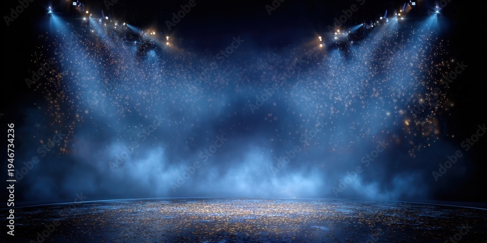 Fototapeta premium The Stage Bathed in Blue Spotlights with Fog and Golden Sparkling Particles