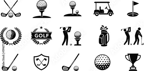 A collection of sixteen black and white vector icons illustrates various elements related to the sport of golf.