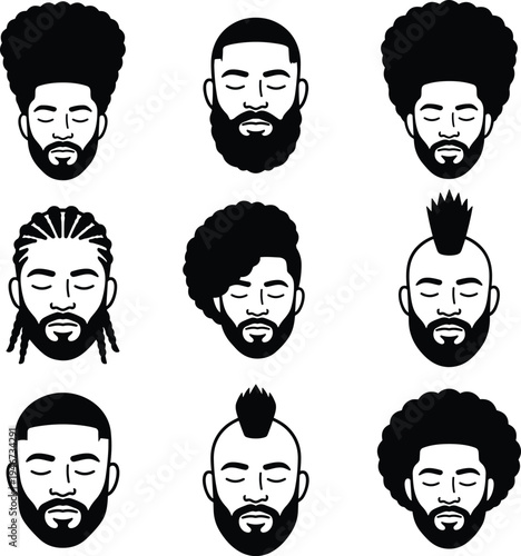 Black men hairstyles and beard styles avatar icons set with afro braids fade mohawk vector faces isolated on white background