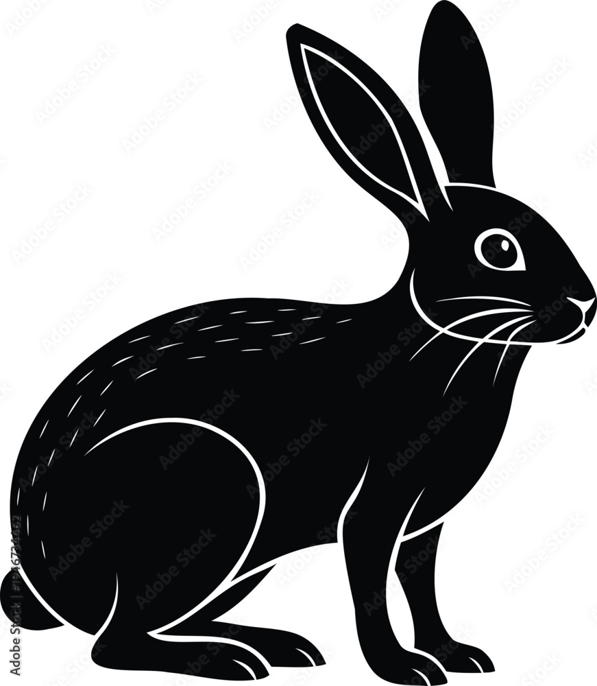 Obraz premium Black silhouette of a rabbit with white outline on white background