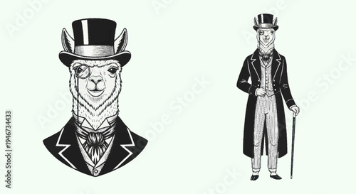 Elegant Llama and Gentleman Animal Illustrations.