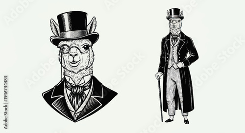Elegant Llama and Gentleman in Victorian Attire.