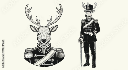Elegant Deer Dressed in Military Uniform Standing Tall.