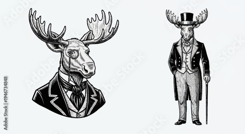 Anthropomorphic Moose Dressed in Formal Victorian Attire.