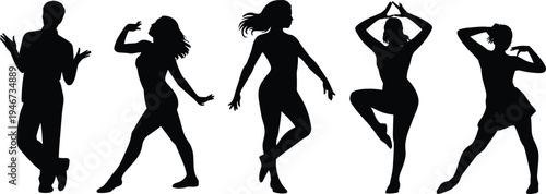 Collection of dancing people silhouettes, energetic men and women dance poses, music party movement vector illustration isolated background
