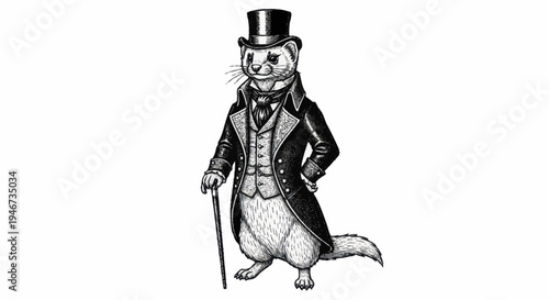 Elegant Ferret Dressed in Victorian Gentleman Attire Holding Cane.