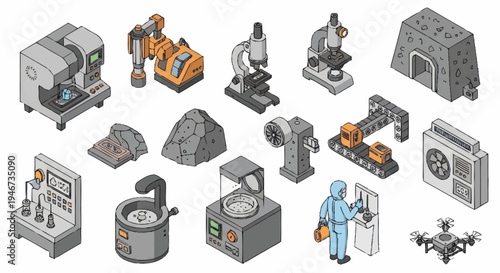 Isometric Collection of Scientific and Industrial Equipment.