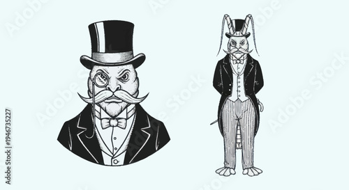 Vintage Gentleman and Rabbit Character Illustrations.