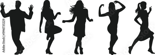 Group of dancing people silhouettes, energetic men and women dance poses, party dance movement vector illustration isolated