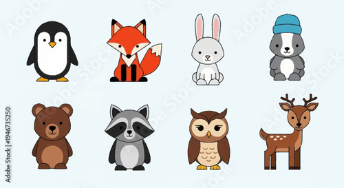 Collection of Cute Cartoon Forest and Arctic Animals.