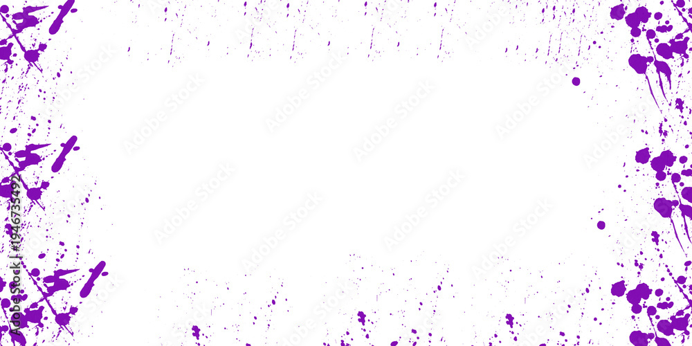 Fototapeta premium Vibrant purple paint splatter frame on black background using grunge graphic design artistic spray paint textures border