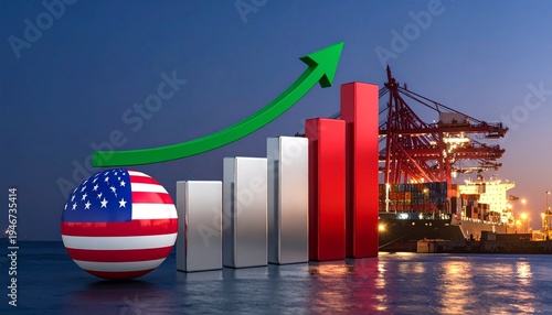 American flag sphere with chart showing economic trade growth