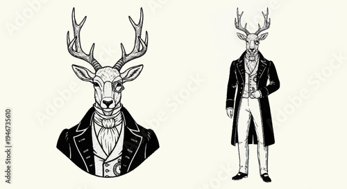 Elegant Deer Man in Vintage Suit Illustration.