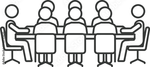 Group of six stylized figures sit around a long rectangular table during a formal meeting or collaborative discussion.