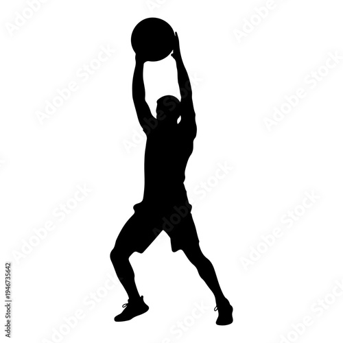 Man silhouette doing medicine ball slam, fitness workout, vector illustration