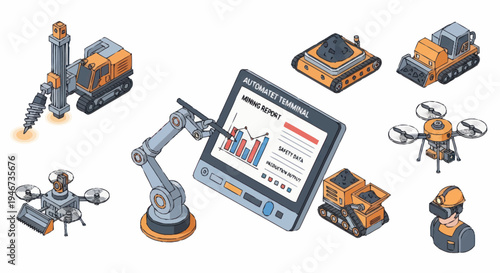 Industrial Automation and Technology Set with Robots and Drones.