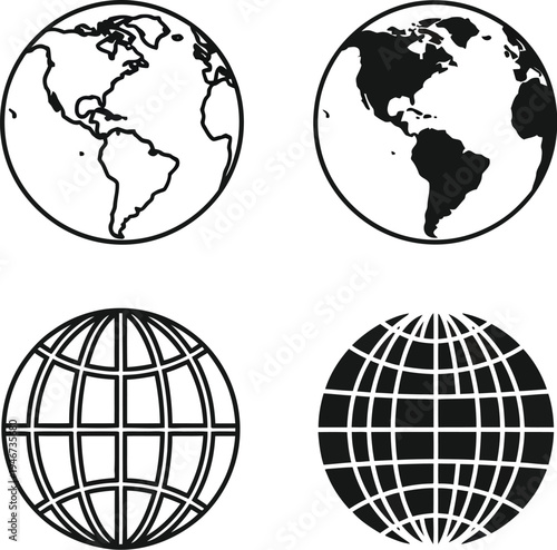 Four circular depictions of planet Earth are presented using outline and solid black fill styles for global representation.