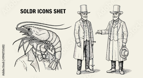 Vintage Illustration of a Shrimp and Two Gentlemen in Suits.