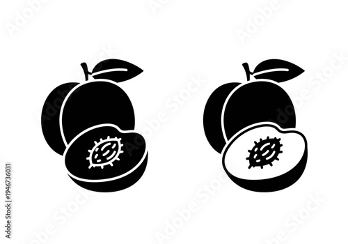 Two stylized black and white icons of a peach, one whole and one cut in half to show the pit, with leaves at the top