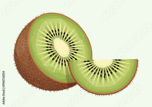 A vibrant illustration of a fresh, ripe kiwi fruit, artfully sliced to reveal its juicy green flesh and distinctive black seeds, presented in a clean, modern style