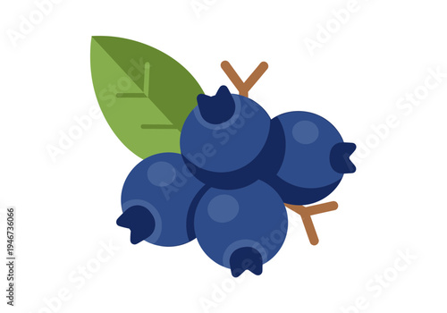 A cluster of vibrant blueberries with a green leaf and brown stems, depicted in a charming flat illustration style, perfect for a healthy lifestyle or food-related graphic