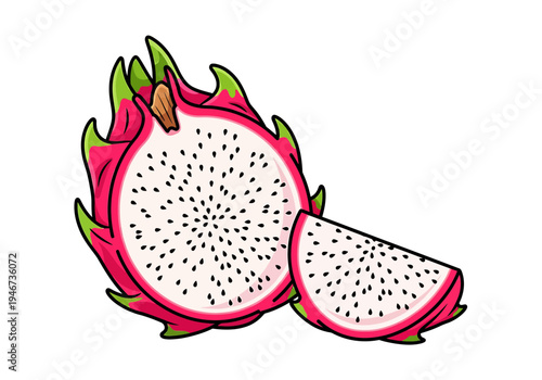 Vibrant Pitaya Fruit Illustration with a Whole Dragon Fruit and Sliced Portion, Capturing Exotic Healthy Food and Tropical Wellness Themes