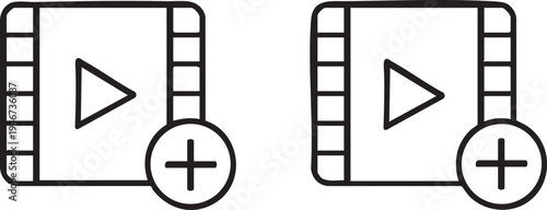 Collection of simple video player icons with plus sign minimalist vector graphics for adding media content isolated 