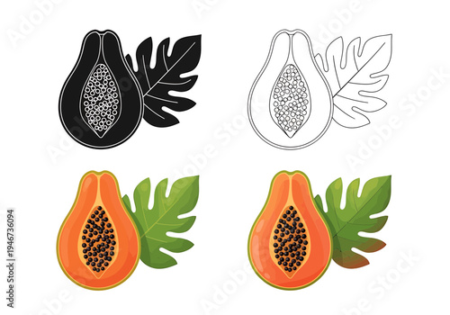 Set of four stylized papaya illustrations, showcasing the vibrant fruit and its tropical leaves in both full color and outline styles