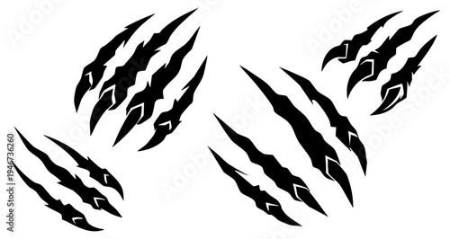 Set of claw marks. These are groups of diagonal black tears from beast or monster paws on a white background. Vector illustration.