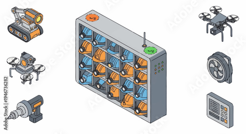 Modern drone charging station with various robotic devices.
