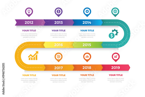A colorful infographic template with a timeline from 2012 to 2019 for business or educational use