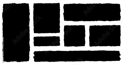 Set of black rectangular patches with ragged edges. These are torn pieces of paper or rough paint strokes of various sizes and shapes on a white background. Vector illustration.
