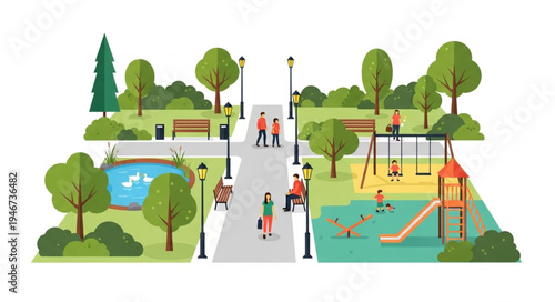 Vibrant City Park Scene with Playground and People Enjoying Leisure Time.